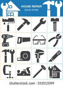 House repair and construction vector icons set, Hand tools for home renovation modern solid symbol collection, filled pictogram pack isolated on white. Signs, logo illustration