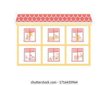 House repair flat color vector illustration. Man fixing door knob. Repairman put up shelves. Construction works. Home activity 2D cartoon characters inside with interior on background
