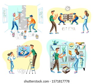 House repair flat vector illustrations set. 