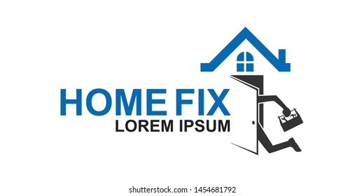 House repair, Home maintenance with picture of a man holding toolbox enter a house logo