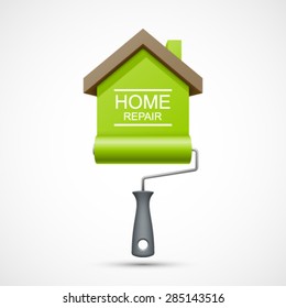 House repair icon. Painting services icon. Paint roller with green house. Easy to change color.