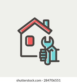 House repair icon thin line for web and mobile, modern minimalistic flat design. Vector icon with dark grey outline and offset colour on light grey background.