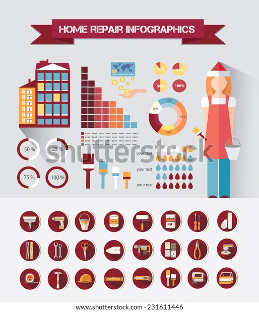 House repair infographic, set\
elements. Web icon set- home repair tools. Vector\
illustration
