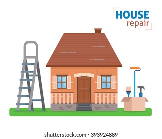 House repair. Ladder with tools for renovation. Flat style vector illustration.