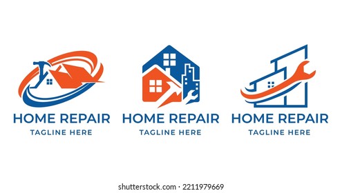 House Repair Logo Bundle. Orange and Blue House Logo with Hammer and Handyman Tools Vector Illustration.