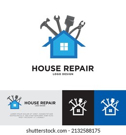 Vector de concepto de logotipo de reparación de casas para empresas o contratistas de techo y techo, de estilo sencillo y plano