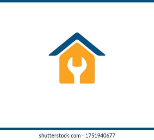 House Repair. Logo design. Vector Template. House silhouette with a wrench in negative space. Yellow and blue color.