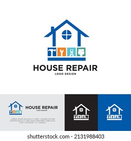 House Repair Logo Vector Template with Flat style blue color suitable for home repair company business contain hammer brush wrench icon
