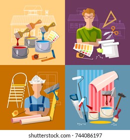 House repair. Painter man work with roller set. Professional instrument of painter. Painter paints walls, pastes wall wall-paper. Planning and design of repair 
