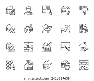 House repair. Painting Walls, roof repair, laying tiles, laminate installation. Construction, renovation. Tools, building materials, sanitary, carpentry. 64x64 vector line icons set. Editable stroke. 