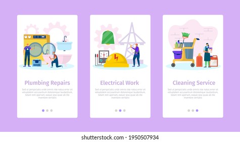 House repair, plumbing, electrical work and cleaning service set, vector illustration. People worker character use tool equipment for renovation
