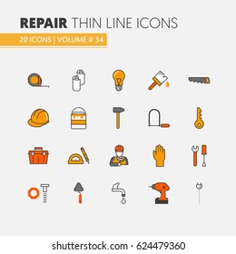 House Repair Renovation Linear Thin Line Vector Icons Set with Repairman and Tools