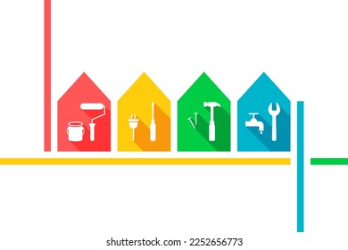 Reparación, renovación, mantenimiento, concepto de gestión de instalaciones. Construcción y mejora del hogar. Hombre de mano, reparador, artesano. Conjunto de iconos de herramientas de trabajo: rodillo de pintura, destornillador, martillo, iconos de llave.