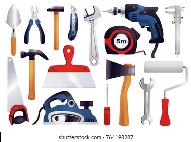 House Repair Renovation Remodeling Realistic Carpentry Tools Set With Claw Hammer Saw Screwdriver Measure Tape Vector Illustration 