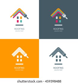 House repair, roofing vector logo, label, emblem design. Staining roof of house, isolated icon. Concept for building, house construction and painting.