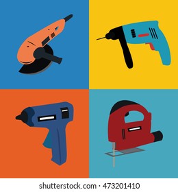 House Repair Service And Home Renovation Flat Icons Set With Power And Hand Electric Tools Materials And Repairman Isolated Vector Illustration.