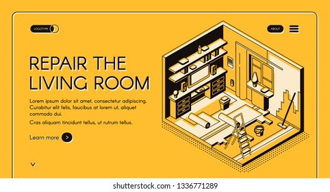 House repair service isometric vector web banner. Home living room on reconstruction, walls and floor renewal works cross section illustration. Construction or interior design company landing page