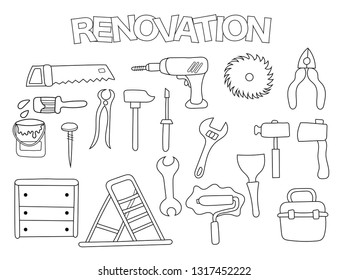 House repair set of icons and objects. Hand drawn doodle interior renovation design concept. Black and white outline coloring page game. Monochrome line art. Vector illustration.