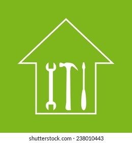 House repair sign. White house silhouette with hammer, screwdriver and spanner on green background