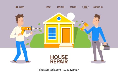 House repair stuff with special tool vector illustration. Meeting workers near facility, landing banner for online repair order. Man character with box tools, drill and cartoon perforator.