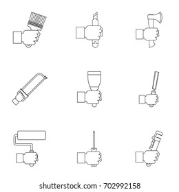 House repair tool icon set. Outline set of 9 house repair tool vector icons for web isolated on white background