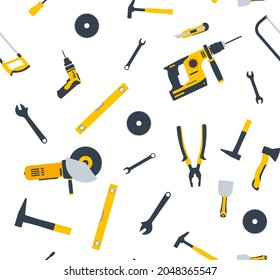 House repair tool seamless pattern logo. Woodwork house repair saw home construction vector background