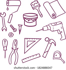 House repair tools set vector. Home improvement doodle icons. Hand Drawn Doodle Tools. Housework.