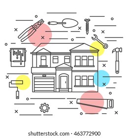 House and house repair tools thin line art design illustration black and white