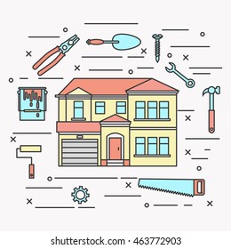 House and house repair tools thin line vector illustration colorful