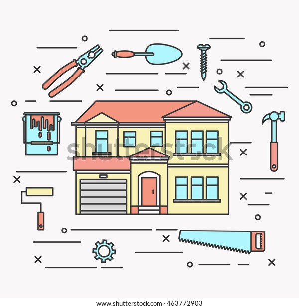 House and house repair tools thin line vector\
illustration colorful