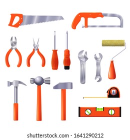 House repair tools vector illustration. Instrument collection for building and renovation interior design at home realistic style on white background. Set of house repairing equipment isolated.