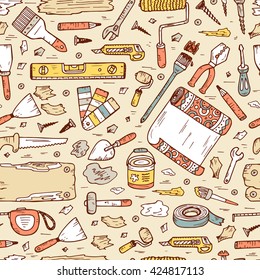 House repair tools vector Seamless pattern. Home improvement icons. Hand Drawn Doodle Tools. Housework. 