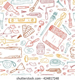 House repair tools vector Seamless pattern. Home improvement icons. Hand Drawn Doodle Tools. Housework. 