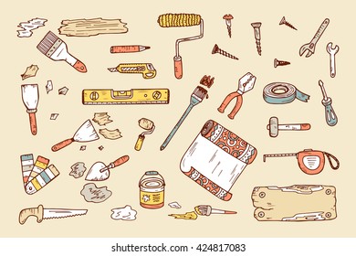 House repair tools vector set. Home improvement icons. Hand Drawn Doodle Tools. Housework. 
