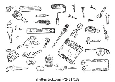 House repair tools vector set. Home improvement icons. Hand Drawn Doodle Tools. Housework. 