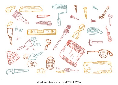 House repair tools vector set. Home improvement icons. Hand Drawn Doodle Tools. Housework. 