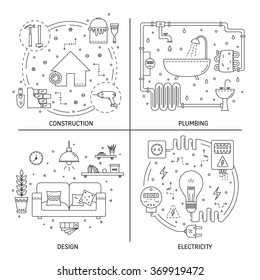 House repair vector flat line illustration set of construction, electricity, plumbing,interior design,  building and repairing home apartment . Modern design vector concept