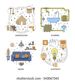 House Repair Vector Flat Line Illustration Set Of Construction, Electricity, Plumbing,interior Design, Building And Repairing Home Apartment . Modern Design Vector Concept