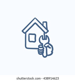 House repair vector sketch icon isolated on background. Hand drawn House repair icon. House repair sketch icon for infographic, website or app.