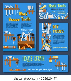 House repair work tools and DIY toolbox vector templates of tools for carpentry and building. Drill and hammer, ruler and toolbox, scredriver and spanner, plaster trowel, saw and paint brush