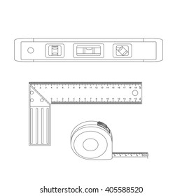 House repairs tools. Setsquare, spirit level, tape measure. Tools for repair (setsquare, spirit level, tape measure). Outline images of repair tools (setsquare, spirit level, tape measure).