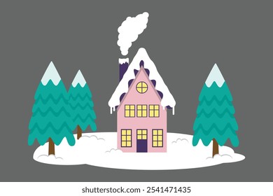 House Or Residence Surrounded By Snow And Pine Trees In Christmas Season