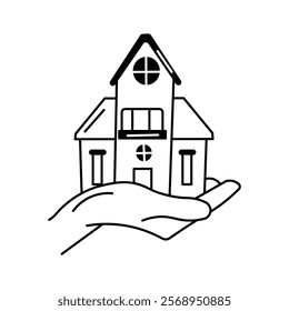 A house resting on a hand, symbolizing property care and support
