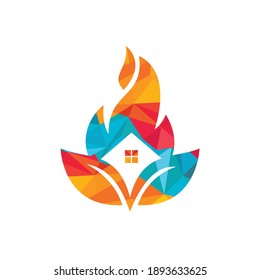 House restore from disaster vector logo template. Home fire with leaf icon.