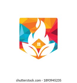 House restore from disaster vector logo template. Home fire with leaf icon.