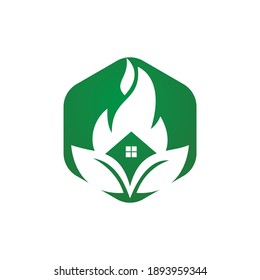 House restore from disaster vector logo template. Home fire with leaf icon.