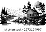 House retreat on river vector black line illustration isolated white. Sketch art