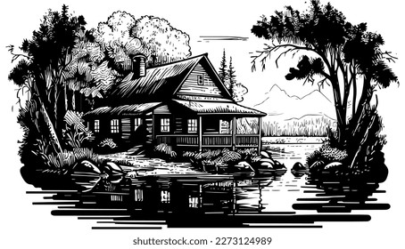 House retreat on river vector black line illustration isolated white. Sketch art