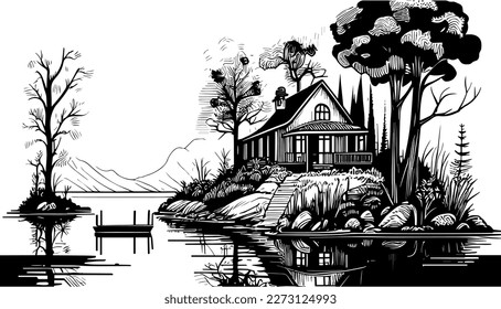 House retreat on river vector black line illustration isolated white. Sketch art