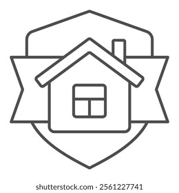 House at ribbon and shield thin line icon, housing market concept. Vector graphics. Cottage building on emblem sign on white background, outline style icon for mobile or web design